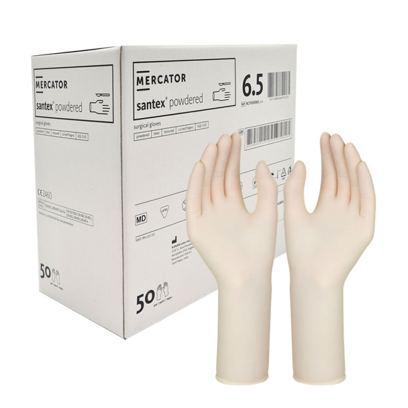 Rękawiczki chirurgiczne lateksowe sterylne 6.5 pudrowane Mercator Santex Powdered 50 par
