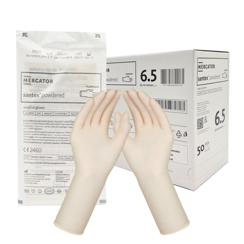 Rękawiczki chirurgiczne lateksowe sterylne 6.5 pudrowane Mercator Santex Powdered 50 par