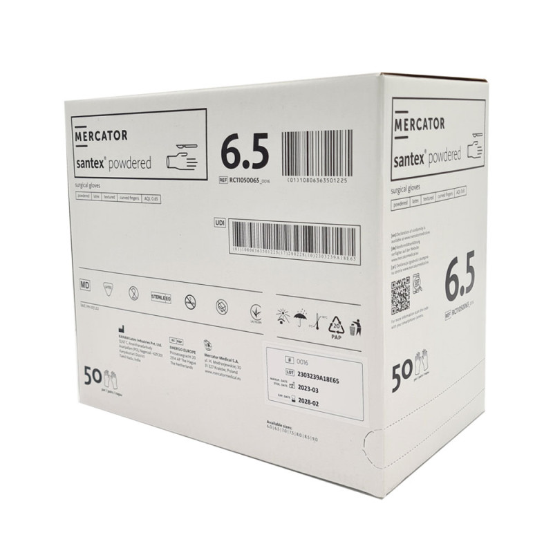 Rękawiczki chirurgiczne lateksowe sterylne 6.5 pudrowane Mercator Santex Powdered 50 par