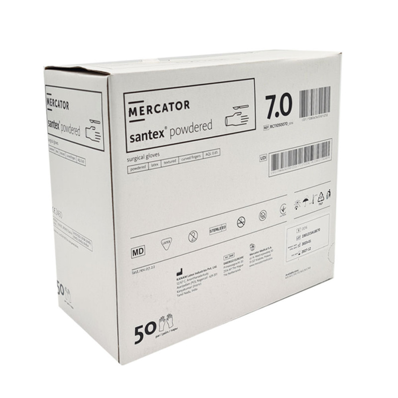 Rękawiczki chirurgiczne lateksowe sterylne 7.0 pudrowane Mercator Santex Powdered 50 par
