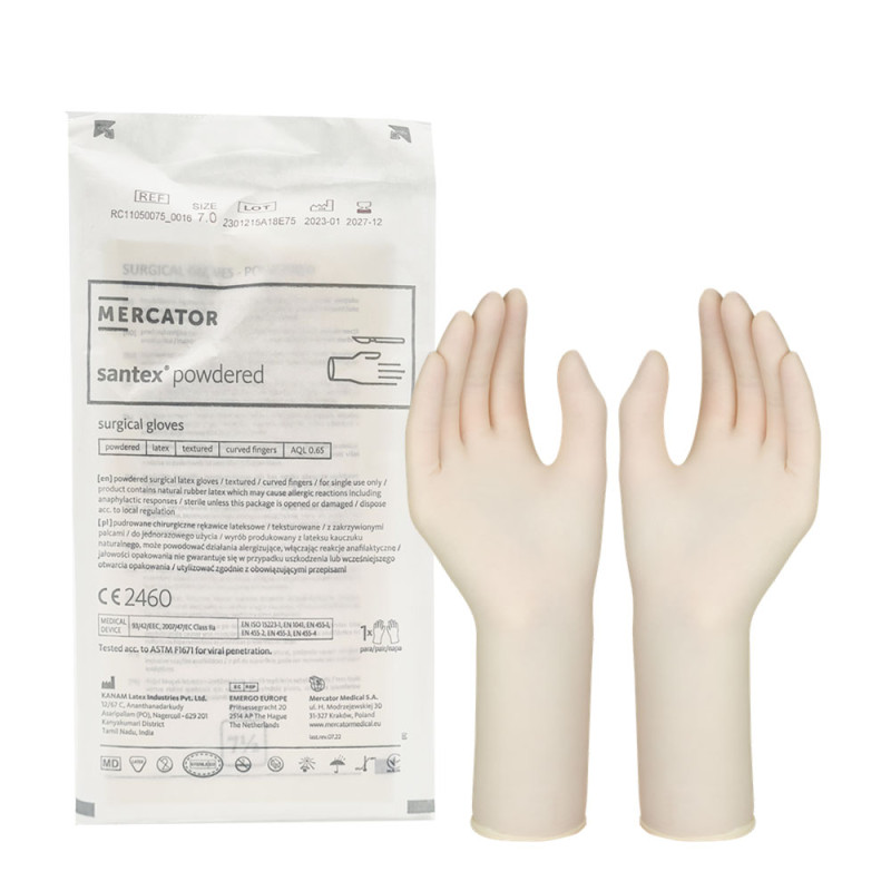 Rękawiczki chirurgiczne lateksowe sterylne 7.0 pudrowane Mercator Santex Powdered 1 para