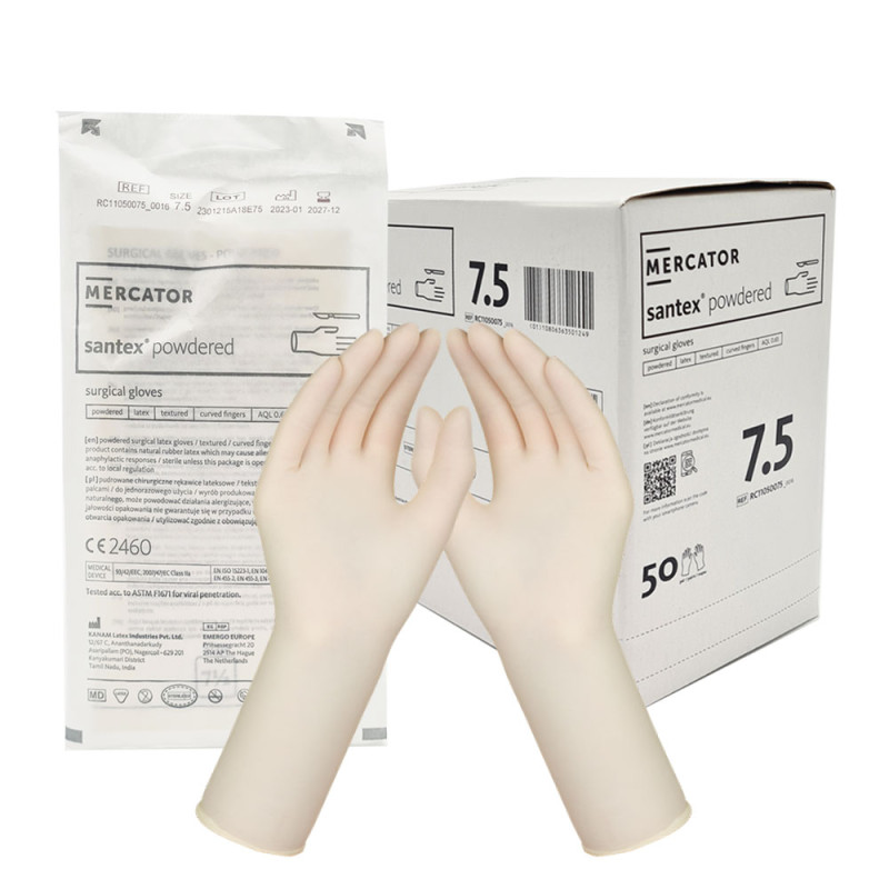 Rękawiczki chirurgiczne lateksowe sterylne 7.5 pudrowane Mercator Santex Powdered 50 par