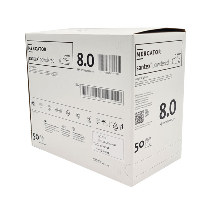 Rękawiczki chirurgiczne lateksowe sterylne 8.0 pudrowane Mercator Santex Powdered 50 par