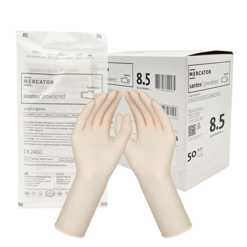 Rękawiczki chirurgiczne lateksowe sterylne 8.5 pudrowane Mercator Santex Powdered 50 par