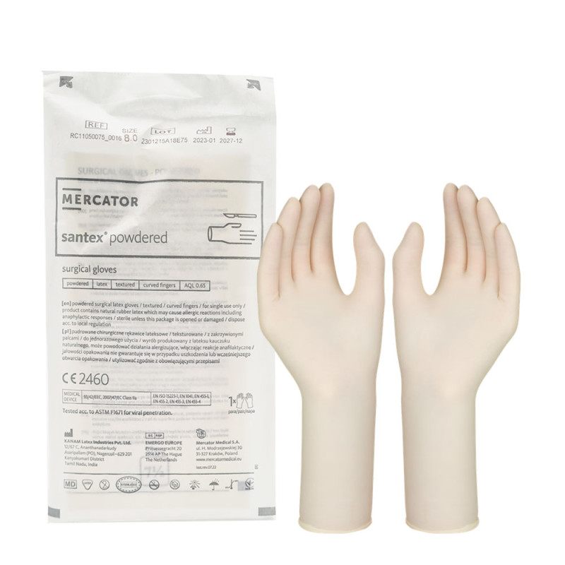 Rękawiczki chirurgiczne lateksowe sterylne 8.0 pudrowane Mercator Santex Powdered 1 para