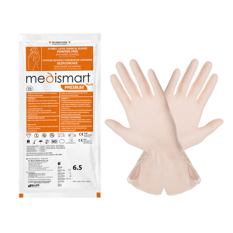 Rękawiczki chirurgiczne sterylne 6.5 lateksowe bezpudrowe Medismart Premium Plus 1 para