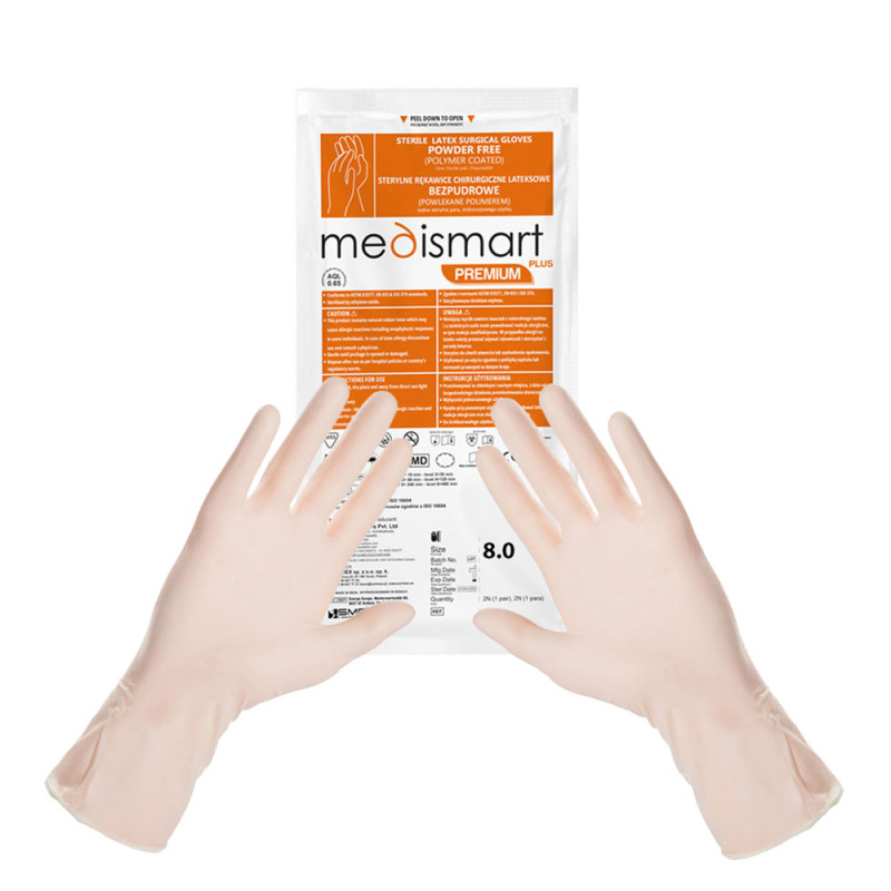 Rękawiczki chirurgiczne sterylne 8.0 lateksowe bezpudrowe Medismart Premium Plus 1 para