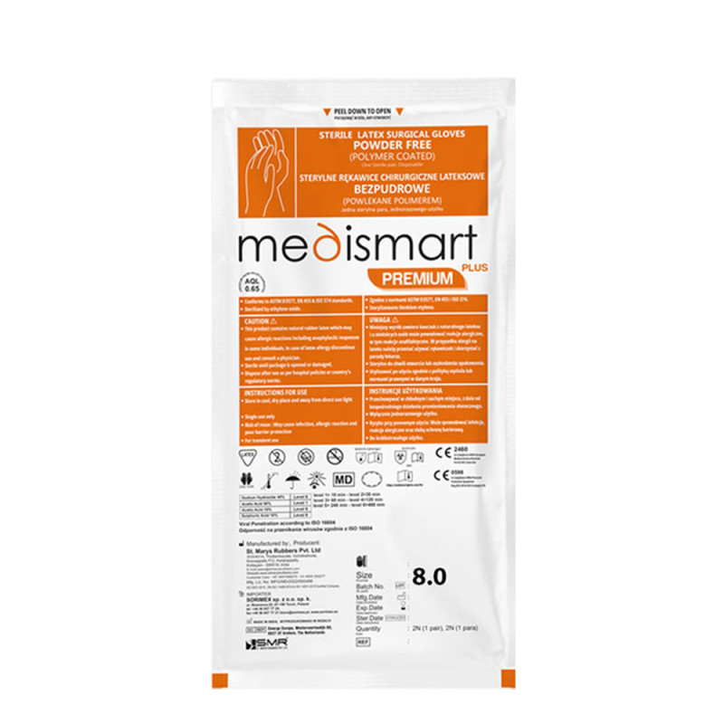 Rękawiczki chirurgiczne sterylne 8.0 lateksowe bezpudrowe Medismart Premium Plus 1 para