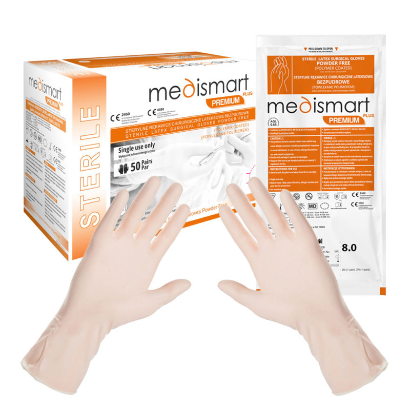 Rękawiczki chirurgiczne sterylne 8.0 lateksowe bezpudrowe Medismart Premium Plus 50 par