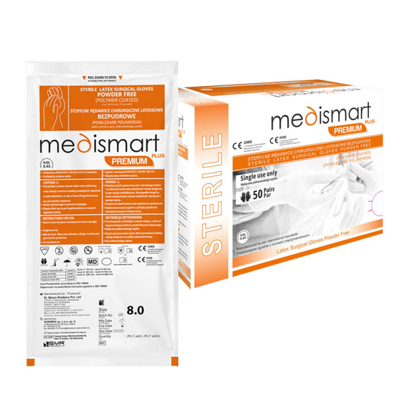 Rękawiczki chirurgiczne sterylne 8.0 lateksowe bezpudrowe Medismart Premium Plus 50 par
