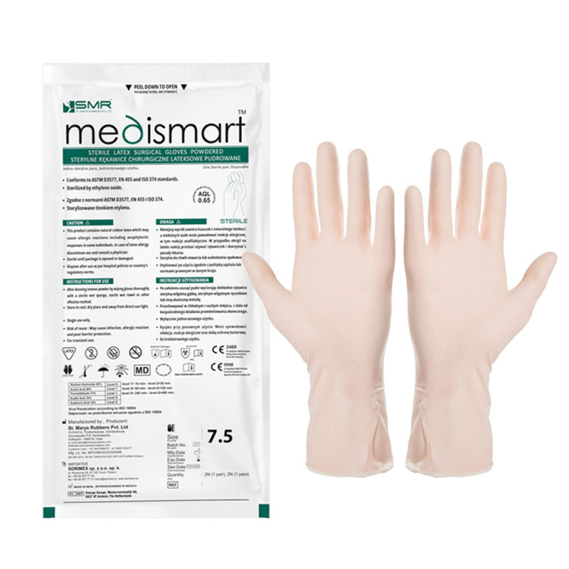 Rękawiczki chirurgiczne sterylne 7.5 lateksowe pudrowane Medismart 1 para