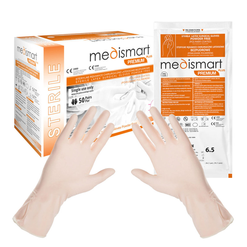 Rękawiczki chirurgiczne sterylne 6.5 lateksowe bezpudrowe Medismart Premium Plus 50 par