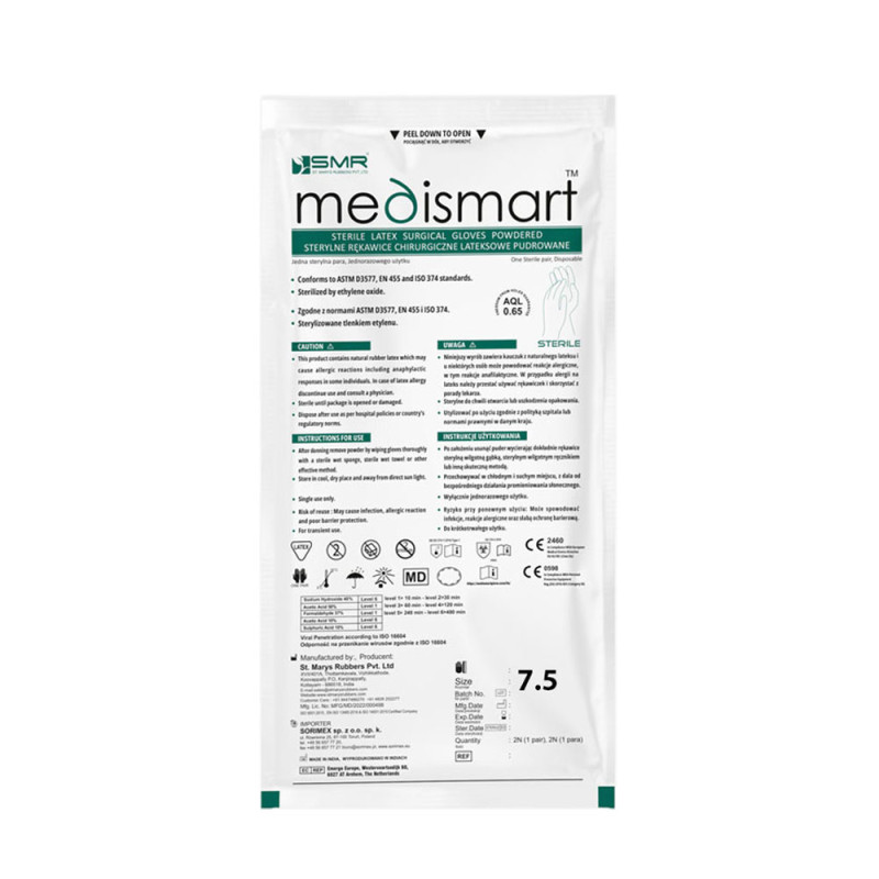 Rękawiczki chirurgiczne sterylne 7.5 lateksowe pudrowane Medismart 1 para