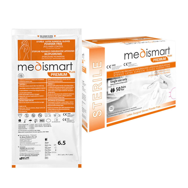 Rękawiczki chirurgiczne sterylne 6.5 lateksowe bezpudrowe Medismart Premium Plus 50 par