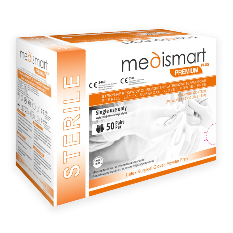 Rękawiczki chirurgiczne sterylne 6.5 lateksowe bezpudrowe Medismart Premium Plus 50 par