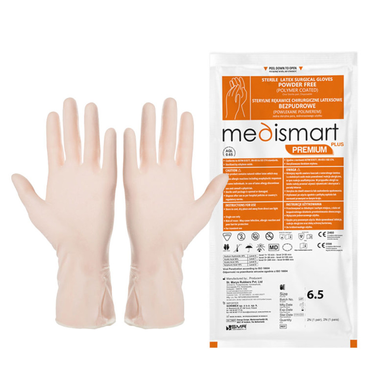 Rękawiczki chirurgiczne sterylne 6.5 lateksowe bezpudrowe Medismart Premium Plus 50 par