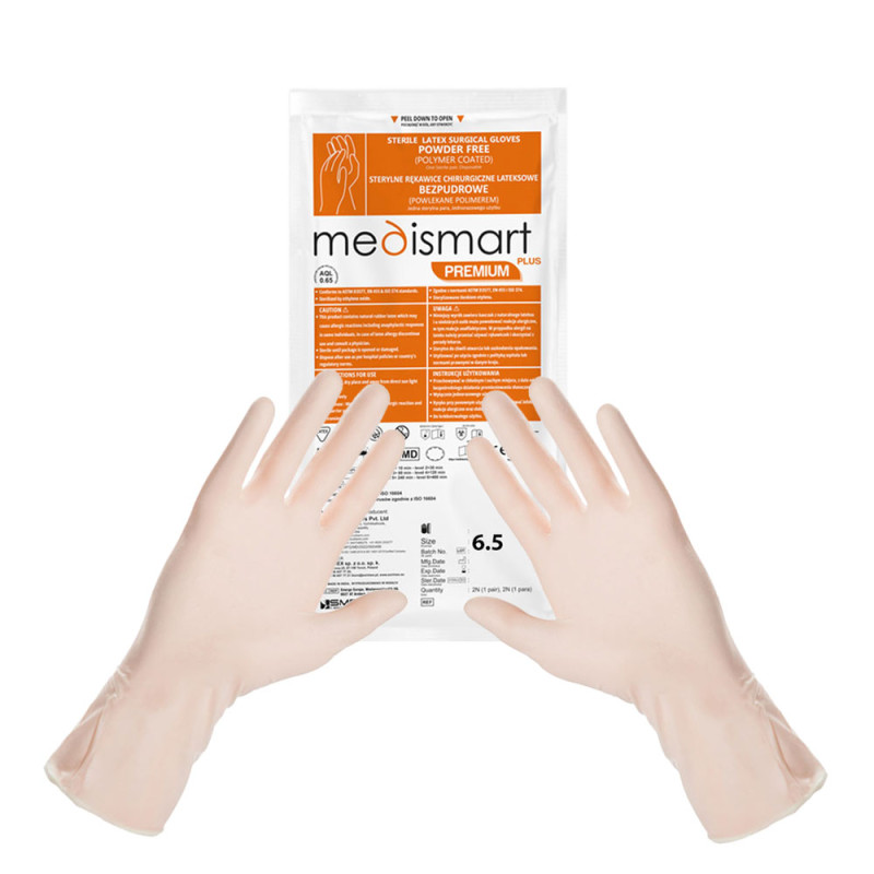 Rękawiczki chirurgiczne sterylne 6.5 lateksowe bezpudrowe Medismart Premium Plus 50 par