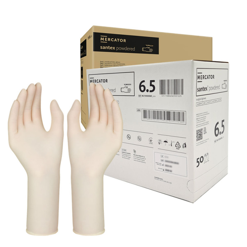 Rękawiczki chirurgiczne lateksowe sterylne 6.5 pudrowane Mercator Santex Powdered 400 par