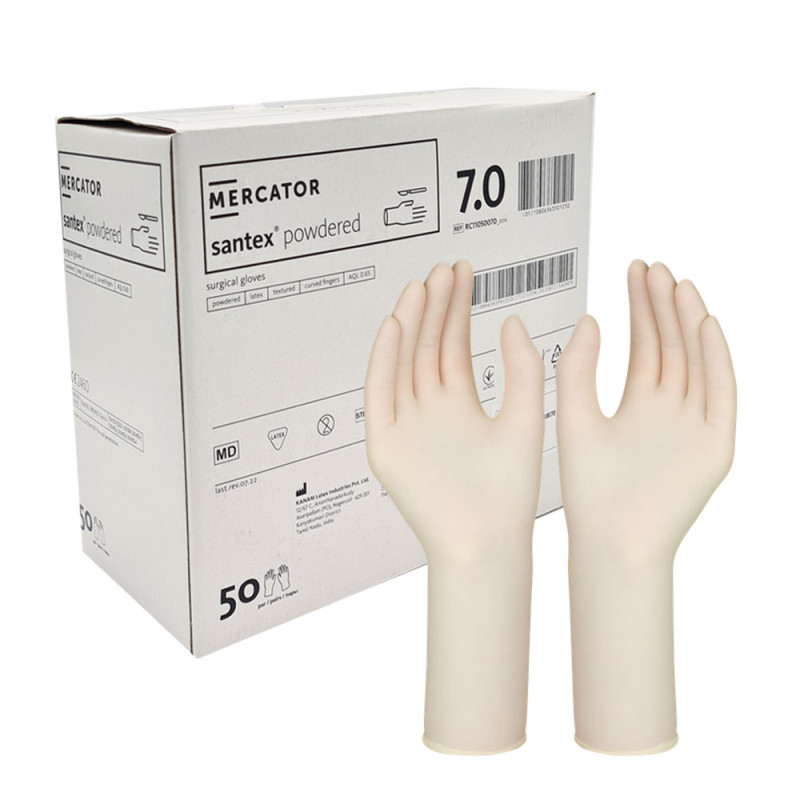 Rękawiczki chirurgiczne lateksowe sterylne 7.0 pudrowane Mercator Santex Powdered 400 par