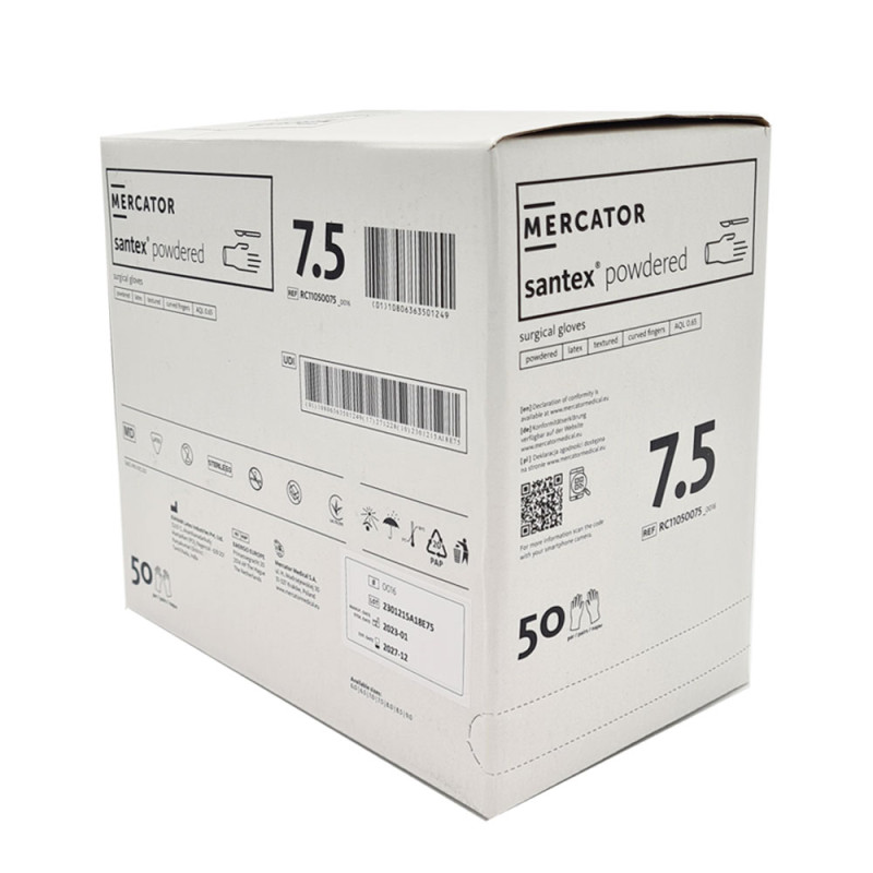 Rękawiczki chirurgiczne lateksowe sterylne 7.5 pudrowane Mercator Santex Powdered 400 par