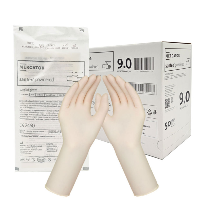 Rękawiczki chirurgiczne lateksowe sterylne 9.0 pudrowane Mercator Santex Powdered 50 par