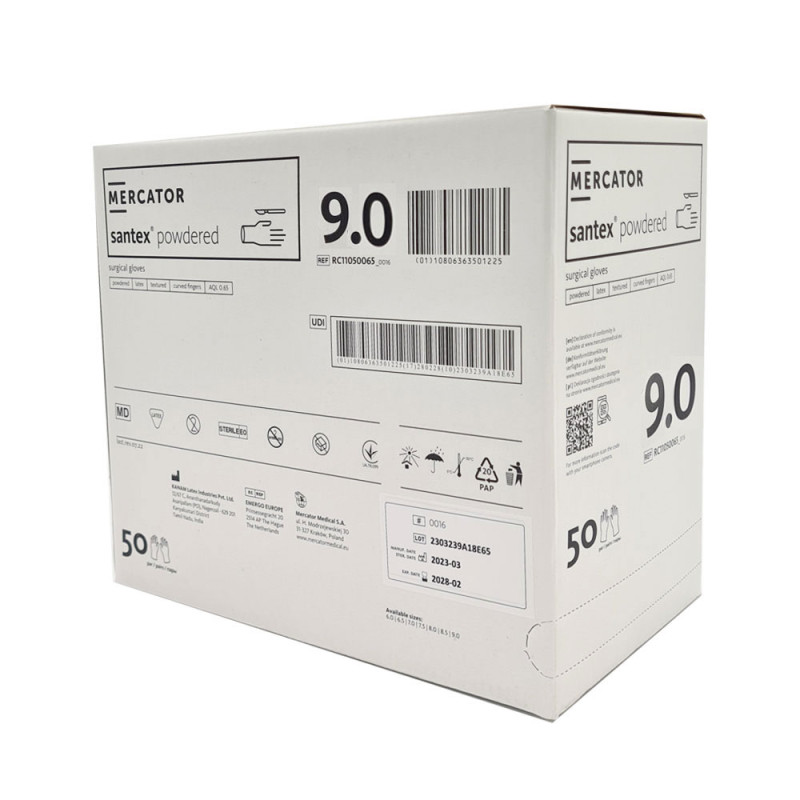 Rękawiczki chirurgiczne lateksowe sterylne 9.0 pudrowane Mercator Santex Powdered 50 par