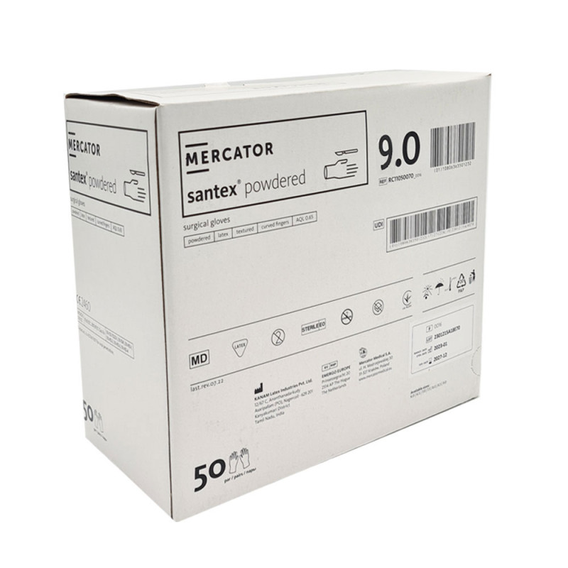 Rękawiczki chirurgiczne lateksowe sterylne 9.0 pudrowane Mercator Santex Powdered 400 par