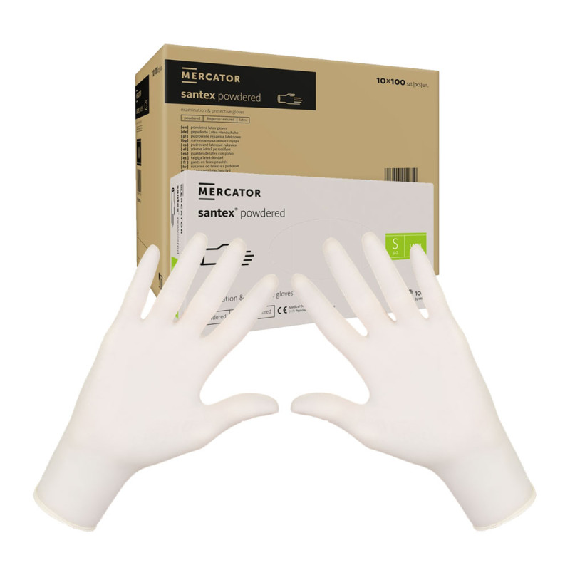Rękawiczki lateksowe S pudrowane Santex powdered finger txt 100sztuk karton 10op