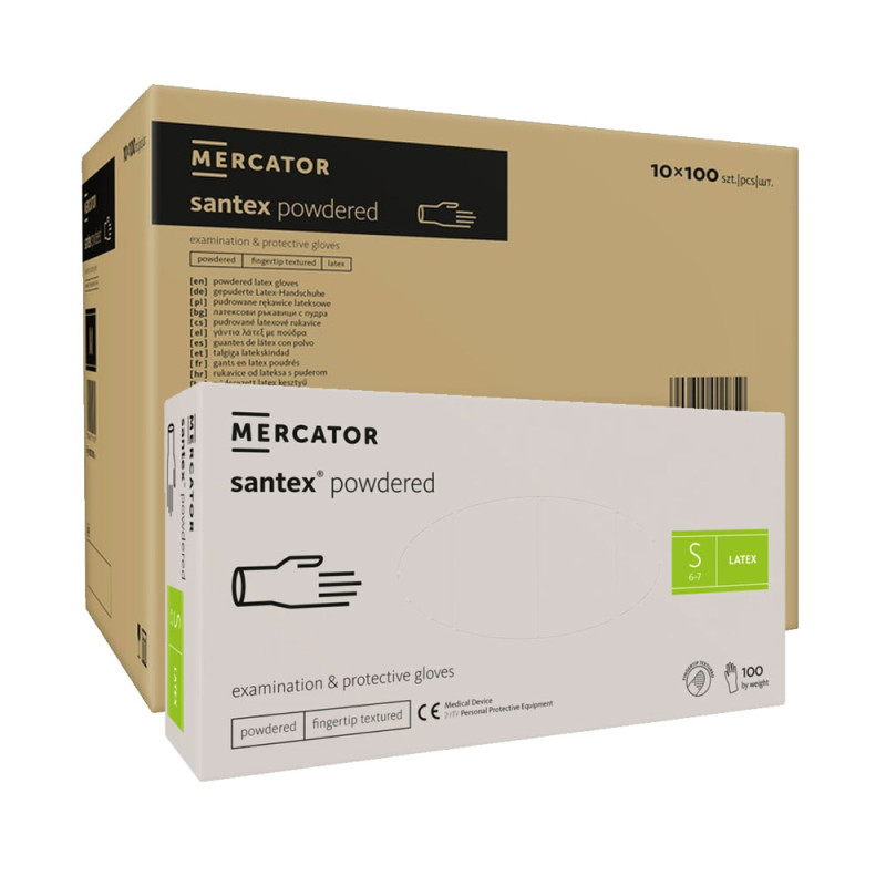 Rękawiczki lateksowe S pudrowane Santex powdered finger txt 100sztuk karton 10op