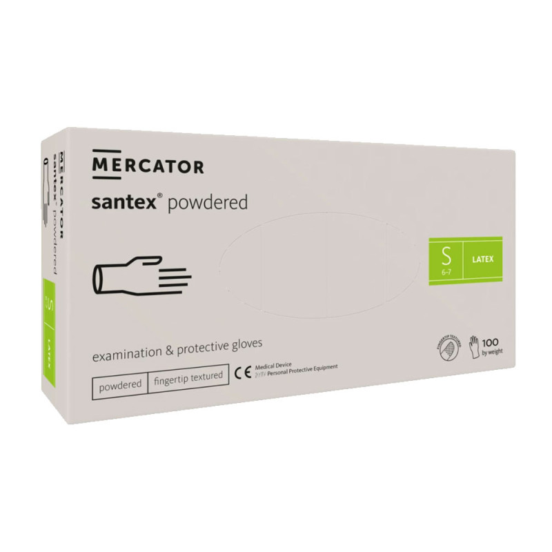 Rękawiczki lateksowe S pudrowane Santex powdered finger txt 100sztuk karton 10op
