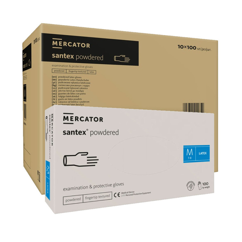 Rękawiczki lateksowe M pudrowane Santex powdered finger txt 100sztuk karton 10op