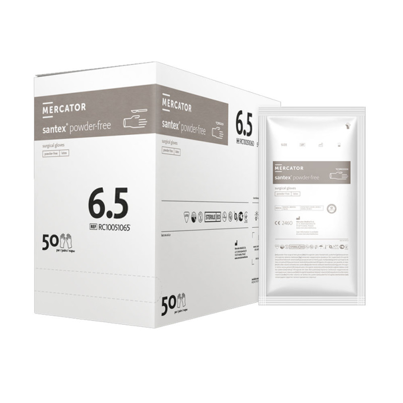 Rękawiczki chirurgiczne lateksowe sterylne 6.5 bezpudrowe Mercator Santex Powder-Free 50 par