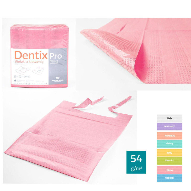 Śliniak dentystyczny z kieszonką 39cm x 48cm różowy podfoliowany 54g DentixPro 50szt