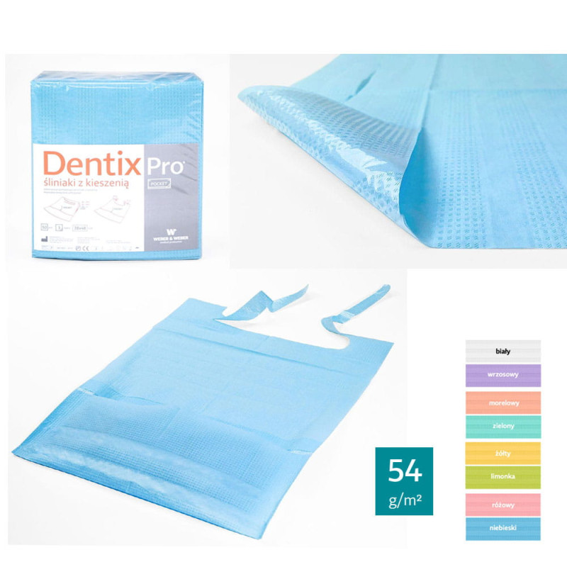 Śliniak dentystyczny z kieszonką 39cm x 48cm niebieski podfoliowany 54g DentixPro 50szt