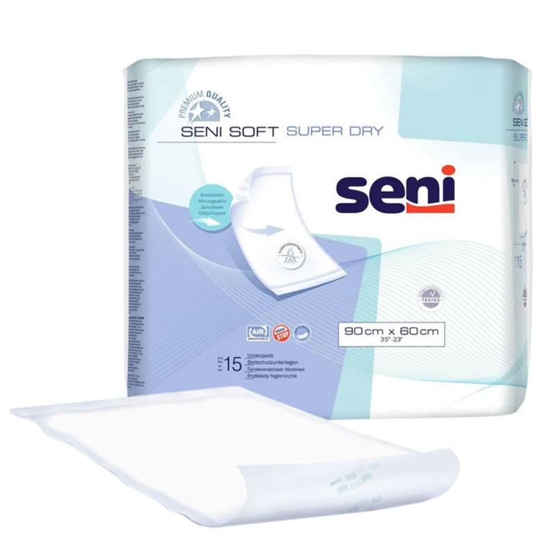 Podkład chłonny oddychający 90cm x 60cm Seni Soft Super Dry 15 szt x 4op