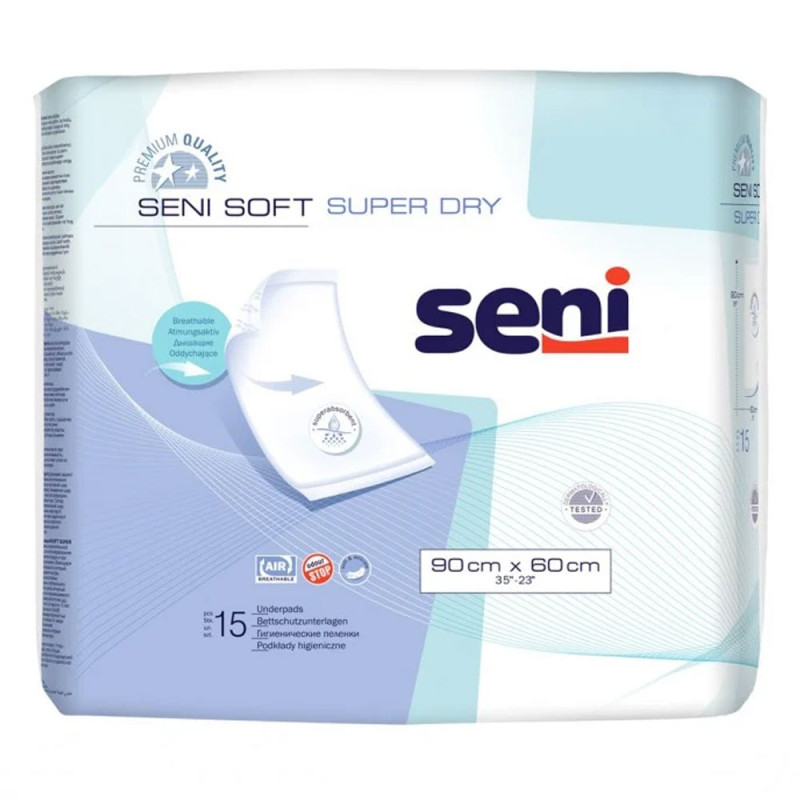 Podkład chłonny oddychający 90cm x 60cm Seni Soft Super Dry 15 szt x 4op