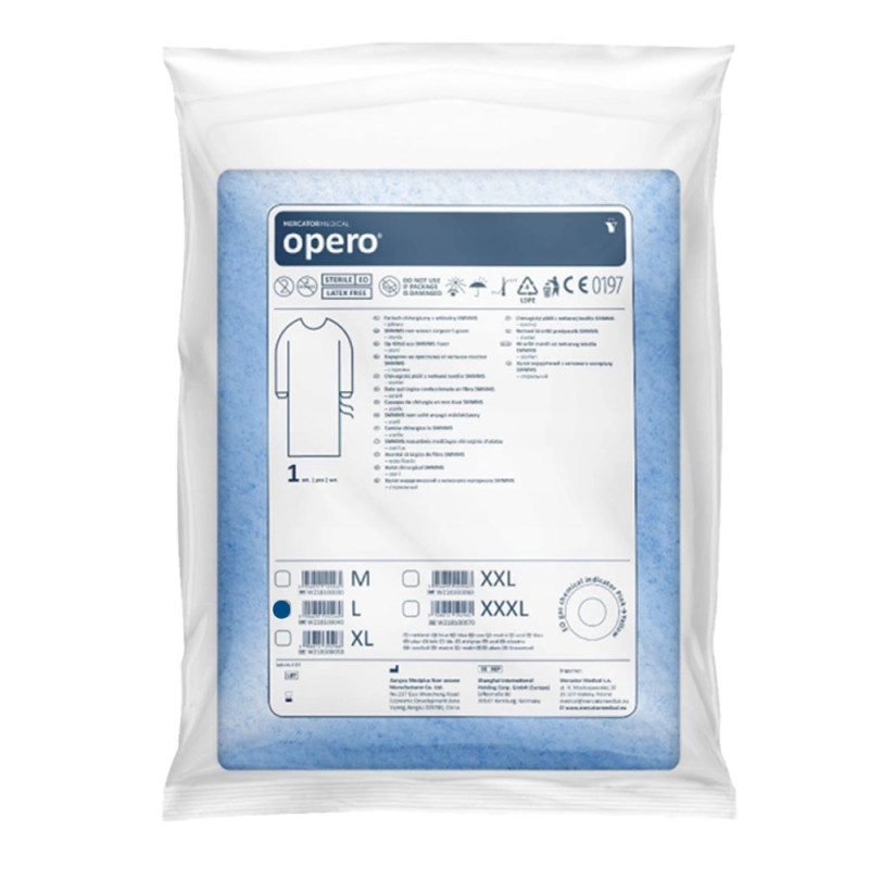 Fartuch chirurgiczny sterylny L z mankietem, wiązany na troki (włóknina SMMMS 35g) 50szt