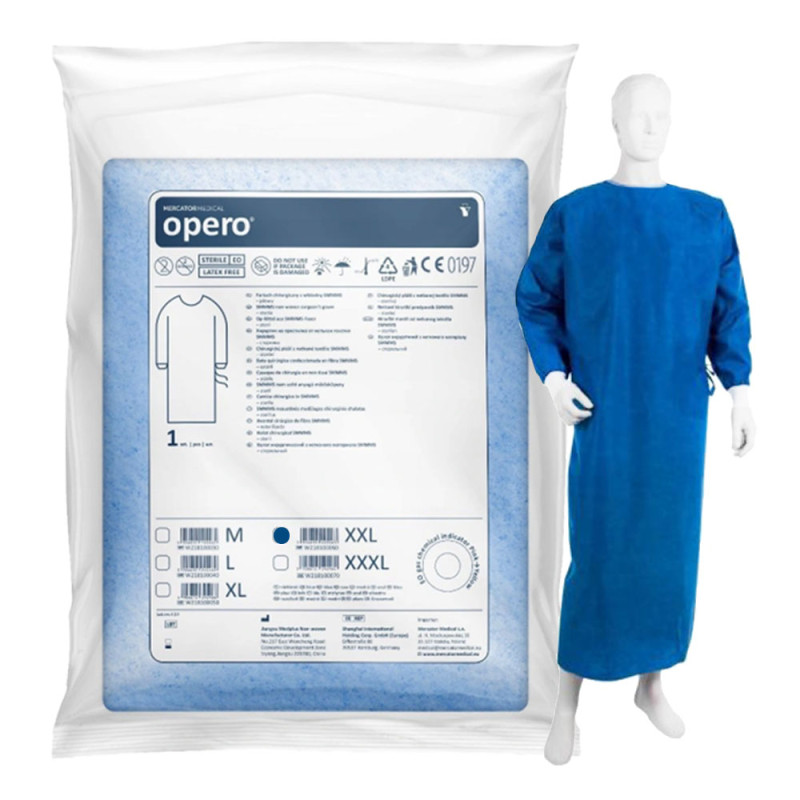 Fartuch chirurgiczny sterylny XXL z mankietem, wiązany na troki (włóknina SMMMS 35g) 50szt