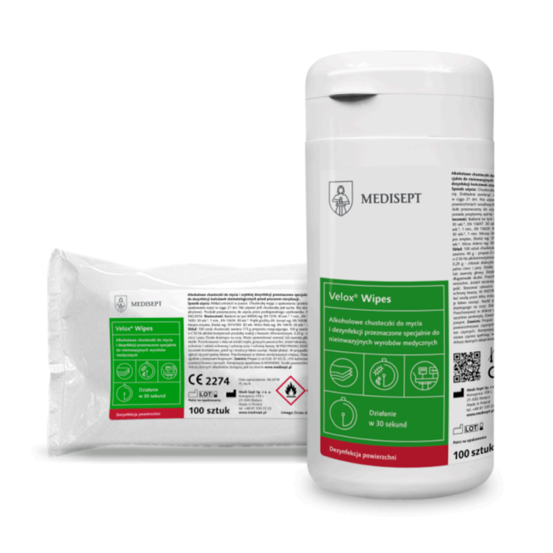 Alkoholowe chusteczki do szybkiej dezynfekcji i mycia małych powierzchni Velox Wipes 100szt wkład