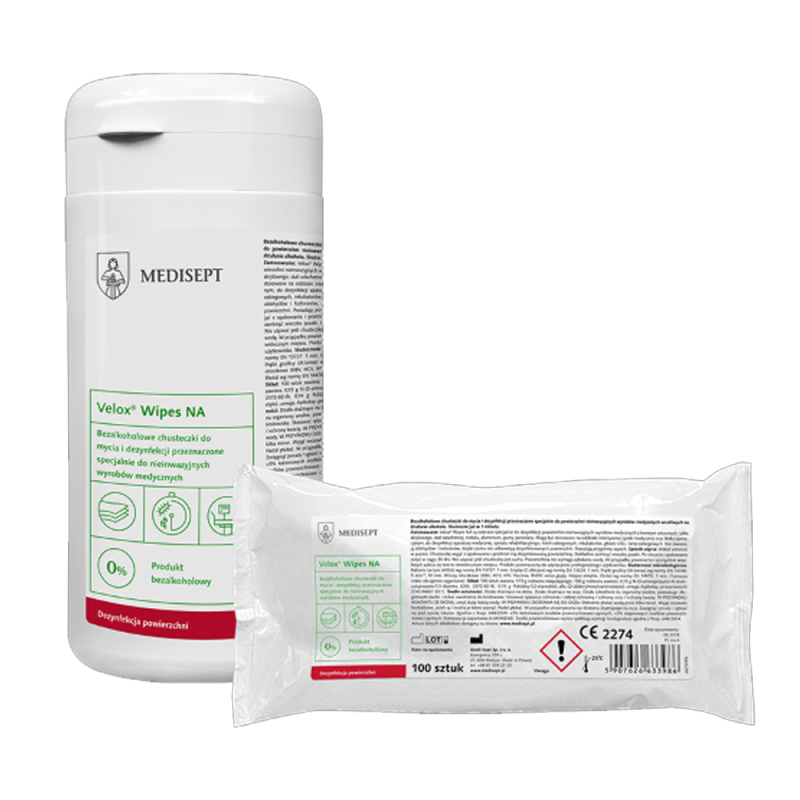 Bezalkoholowe chusteczki do dezynfekcji i mycia lamp i głowic USG Velox Wipes NA 100szt puszka