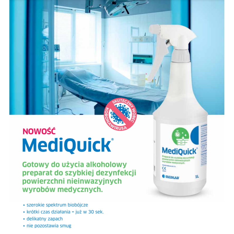 Alkoholowy płyn dezynfekujący MediQuick do szybkiej dezynfekcji powierzchni 1l 12op