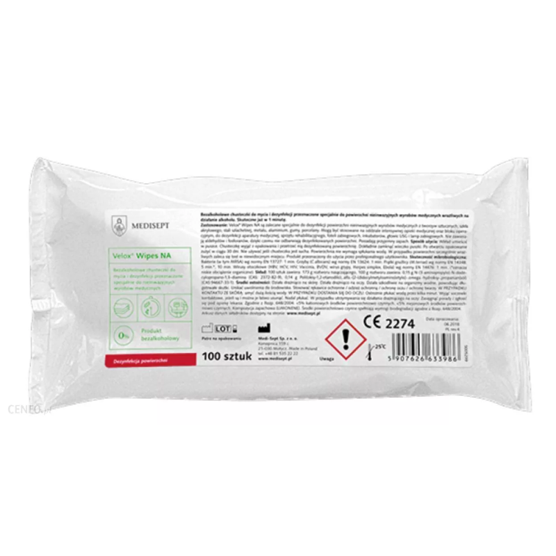 Bezalkoholowe chusteczki do dezynfekcji i mycia lamp i głowic USG Velox Wipes NA 100szt wkład 12op