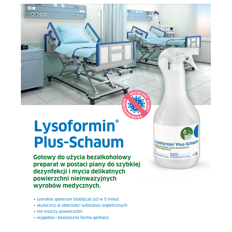Bezalkoholowy płyn Lysoformin Plus-Schaum do szybkiej dezynfekcji delikatnych powierzchni 1l 12op