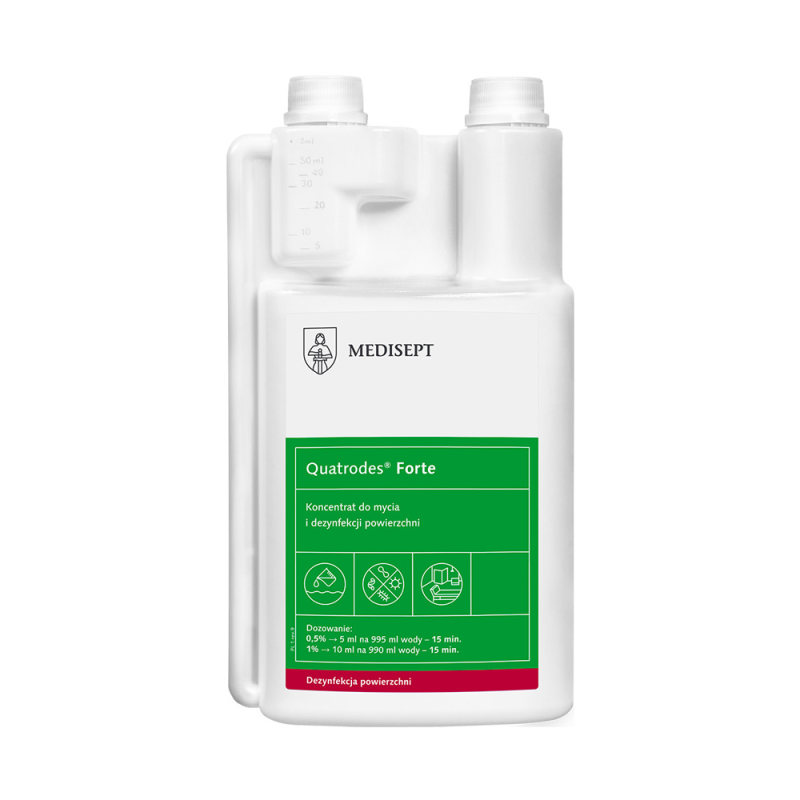 Koncentrat do mycia i dezynfekcji powierzchni o szerokim zastosowaniu Quatrodes Forte 1l 12op
