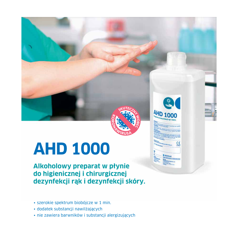 Alkoholowy płyn AHD 1000 do higienicznej i chirurgicznej dezynfekcji rąk i skóry 1l 6op