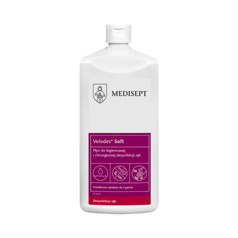 Alkoholowy płyn do higienicznej i chirurgicznej dezynfekcji rąk Velodes Soft 1l 12op