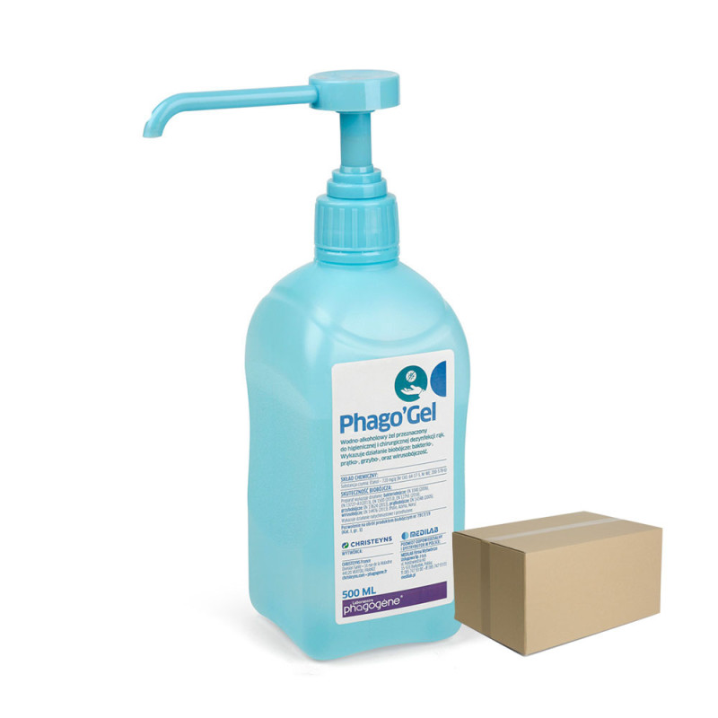 Wodno-alkoholowy żel do higienicznej i chirurgicznej dezynfekcji rąk PhagoGel butelka z pomką 500ml 20op