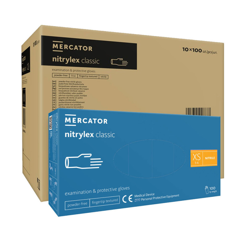 Rękawiczki nitrylowe XS niebieskie Mercator Nitrylex Classic 100sztuk karton 10op
