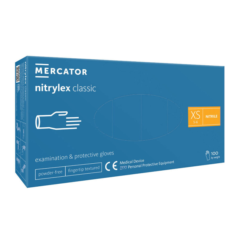 Rękawiczki nitrylowe XS niebieskie Mercator Nitrylex Classic 100sztuk karton 10op
