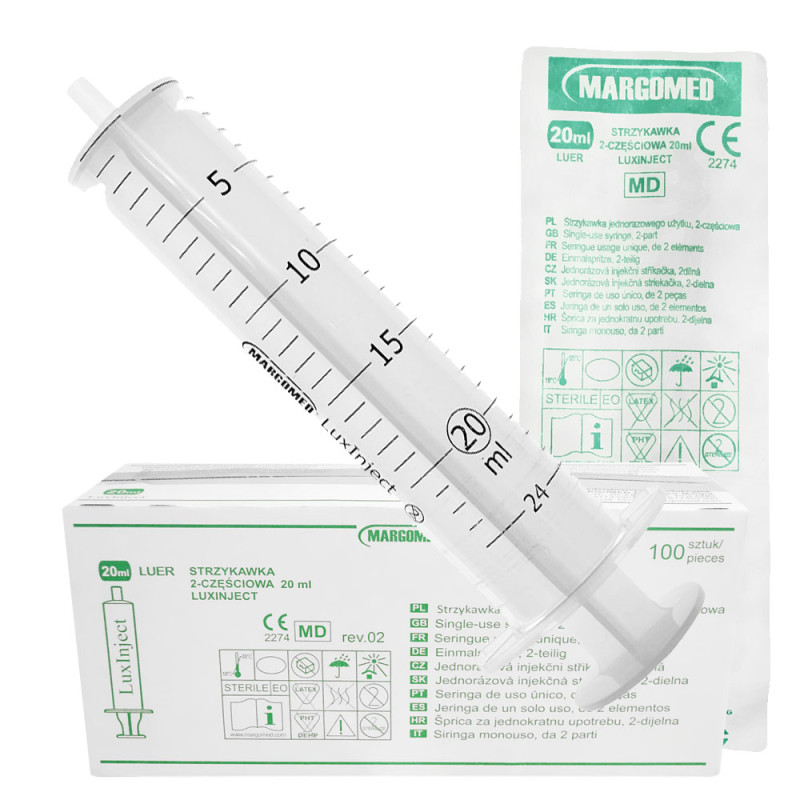 Strzykawka 20ml luer dwuczęściowa LuxInject Margomed 100szt 8op